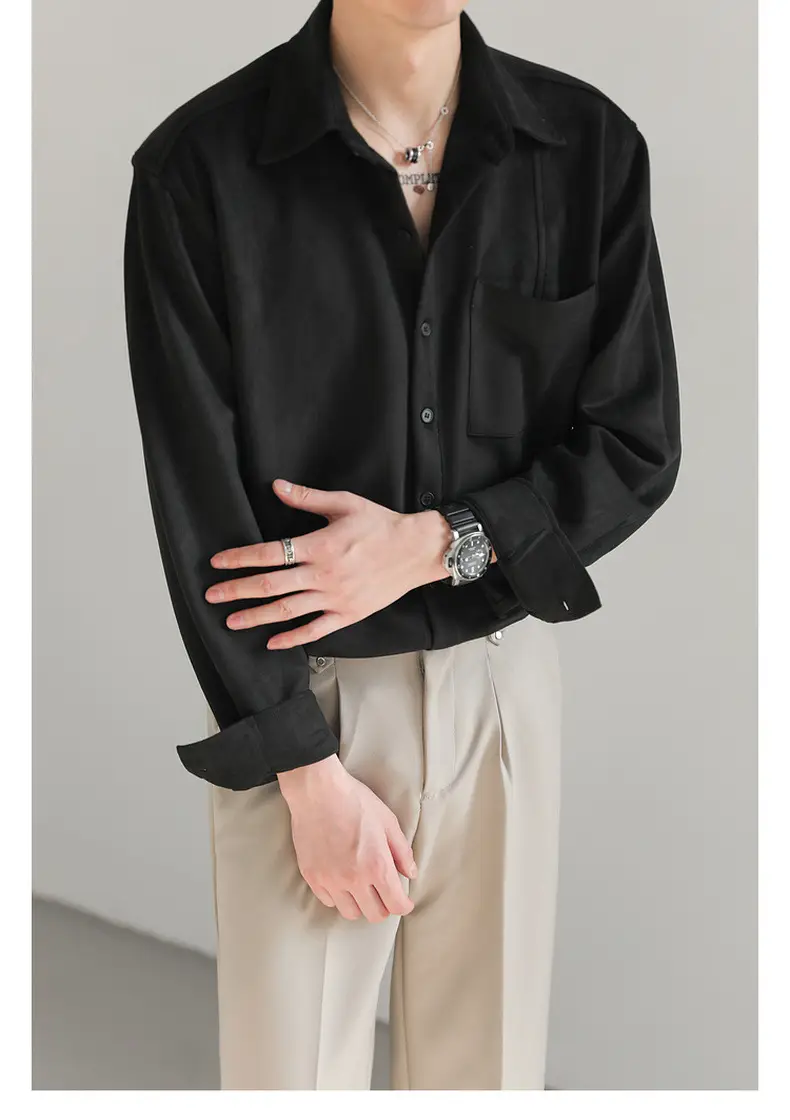 Men Korean Style Suede Long Sleeve Shirt Light Beige — feature 10