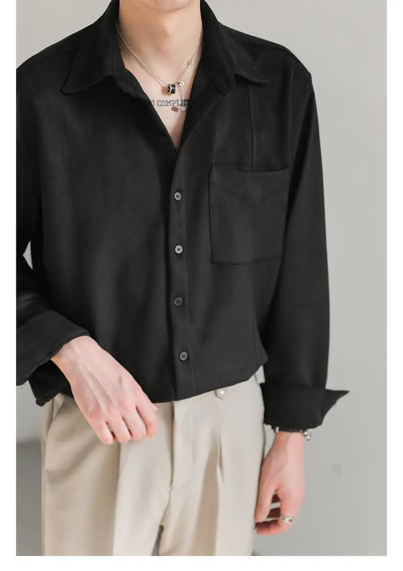 Men Korean Style Suede Long Sleeve Shirt Light Beige — feature 11