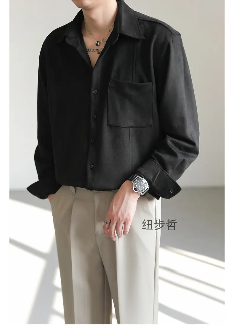 Men Korean Style Suede Long Sleeve Shirt Light Beige — feature 12