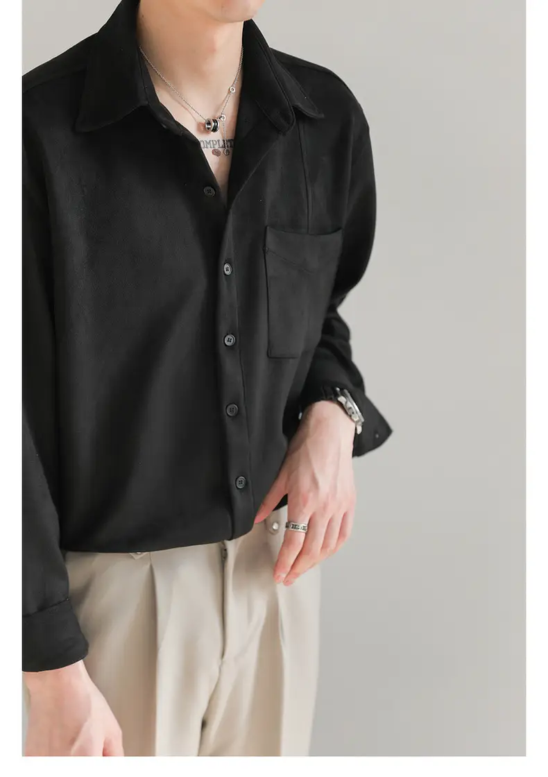 Men Korean Style Suede Long Sleeve Shirt Light Beige — feature 14