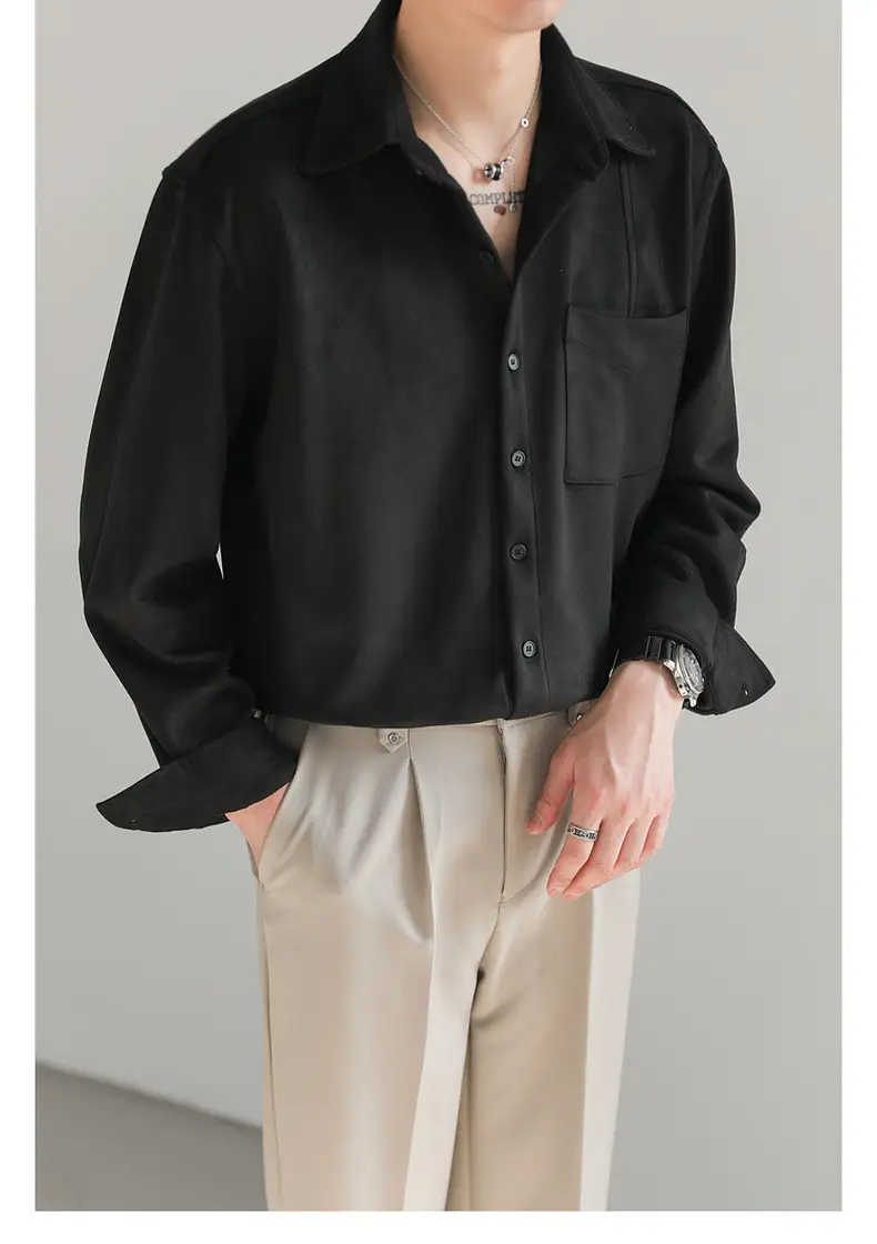 Men Korean Style Suede Long Sleeve Shirt Light Beige — feature 15