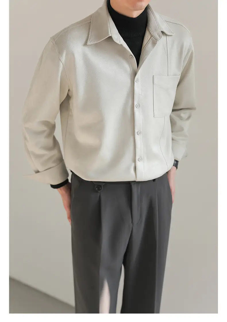 Men Korean Style Suede Long Sleeve Shirt Light Beige — feature 16