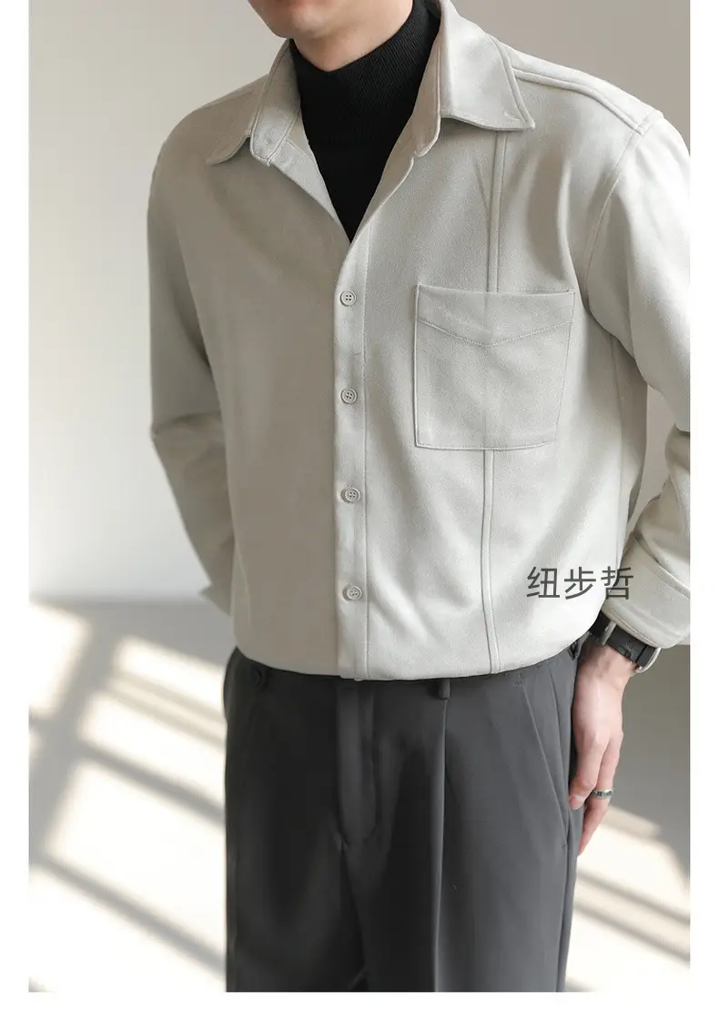 Men Korean Style Suede Long Sleeve Shirt Light Beige — feature 17