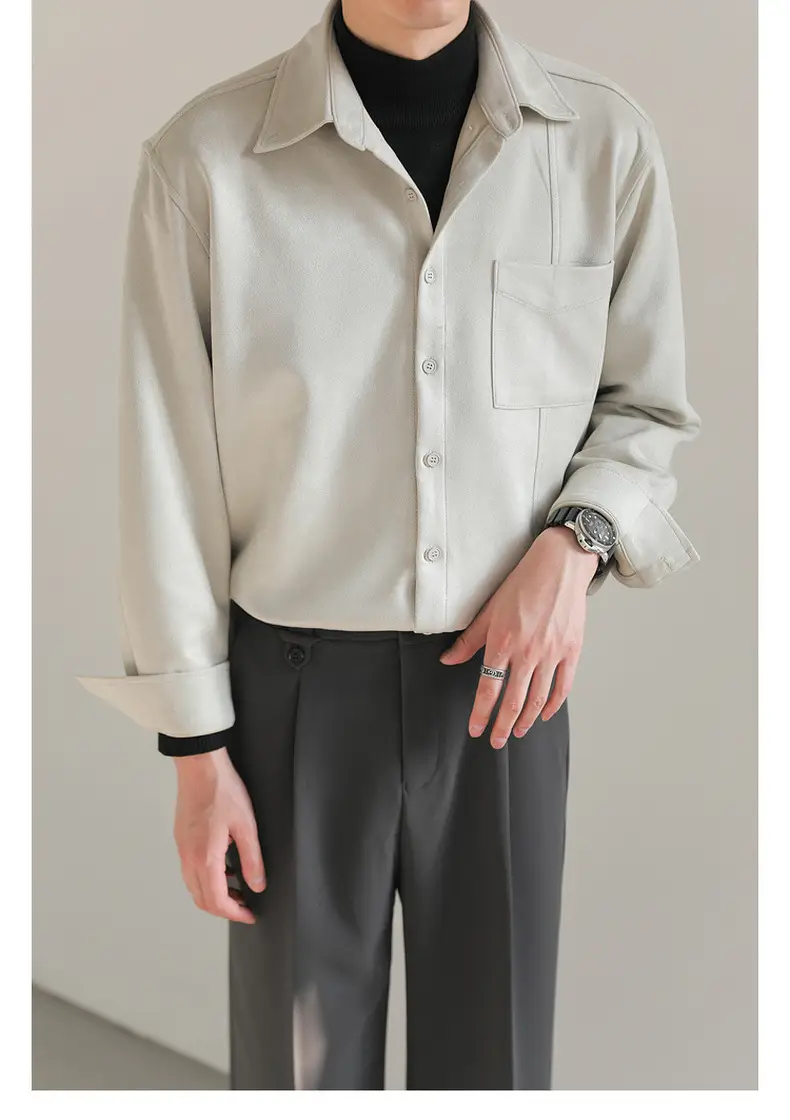 Men Korean Style Suede Long Sleeve Shirt Light Beige — feature 18