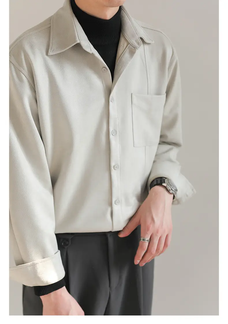Men Korean Style Suede Long Sleeve Shirt Light Beige — feature 20