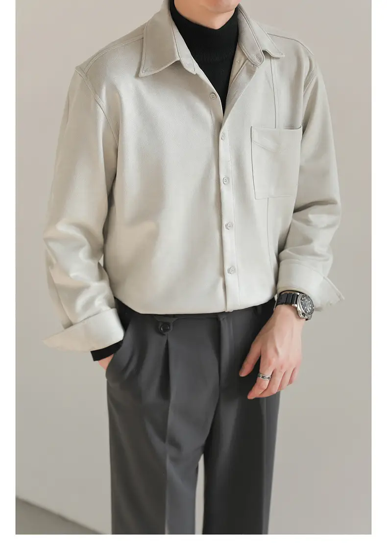 Men Korean Style Suede Long Sleeve Shirt Light Beige — feature 21