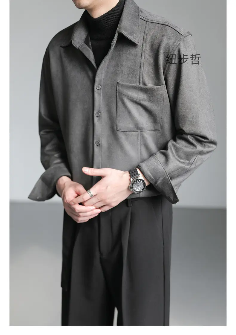 Men Korean Style Suede Long Sleeve Shirt Light Beige — feature 5