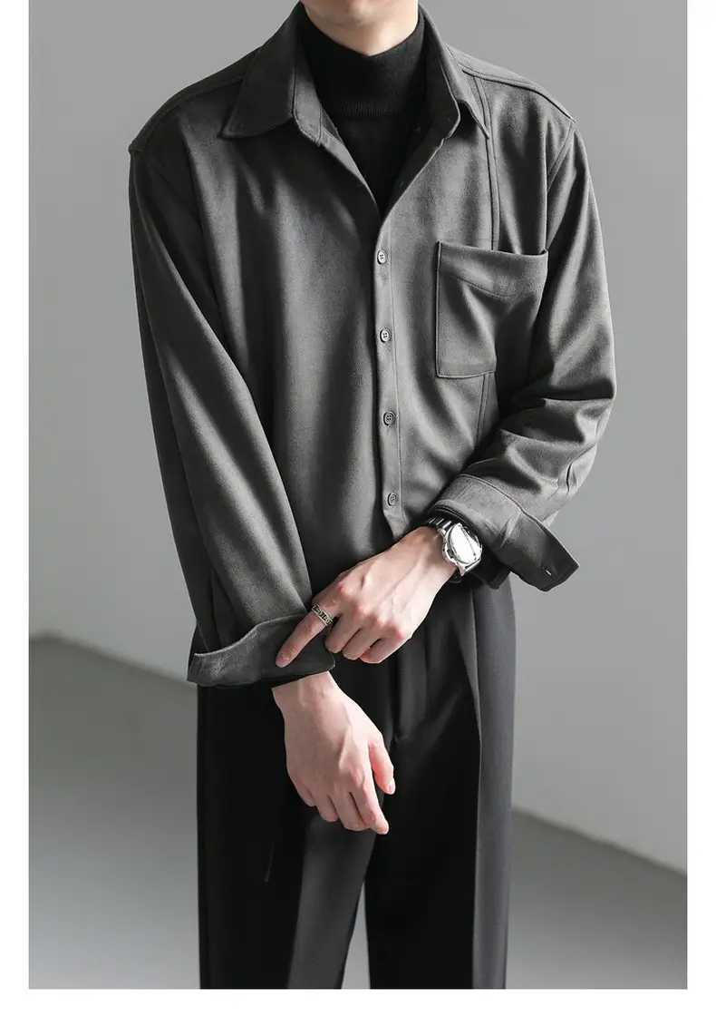 Men Korean Style Suede Long Sleeve Shirt Light Beige — feature 9