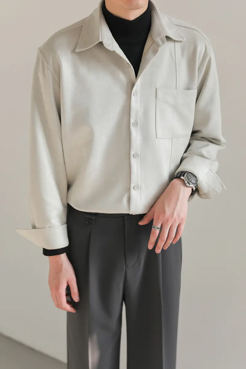 Men Korean Style Suede Long Sleeve Shirt Light Beige