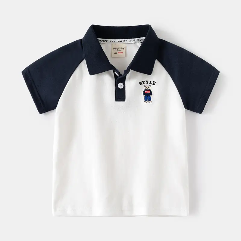 Kids Korean Style Short Sleeve Polo Shirt Grey Blue - Image 2