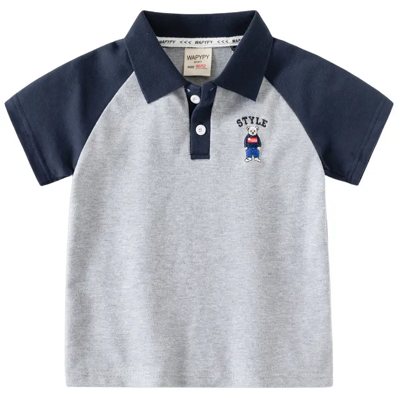 Kids Korean Style Short Sleeve Polo Shirt Grey Blue - Image 5