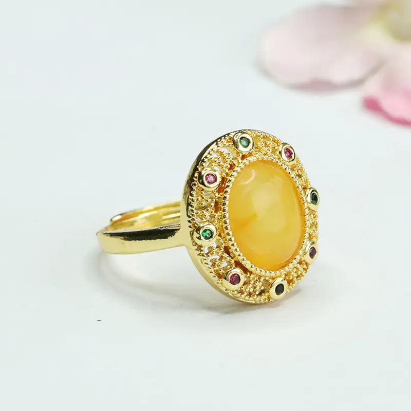 Guan Yu Natural Amber Ring with Red Stones