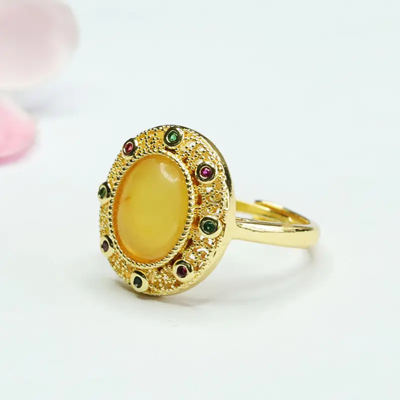 Guan Yu Natural Amber Ring with Red Stones