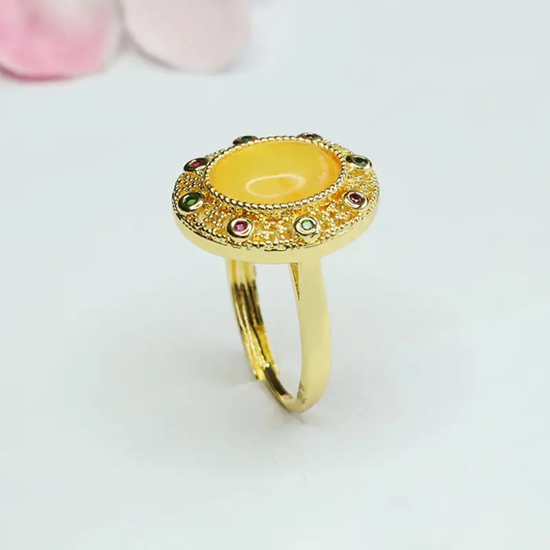 Guan Yu Natural Amber Ring with Red Stones