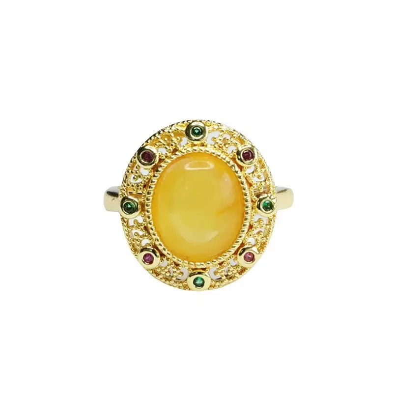 Guan Yu Natural Amber Ring with Red Stones