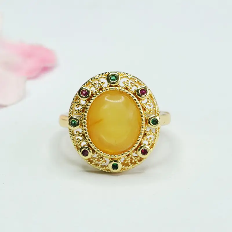 Guan Yu Natural Amber Ring with Red Stones — feature 4