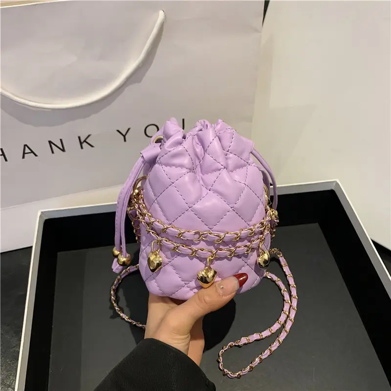 Purple Quilted Drawstring Shoulder Bag for Women