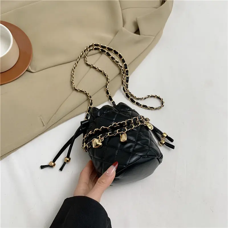 Purple Quilted Drawstring Shoulder Bag for Women