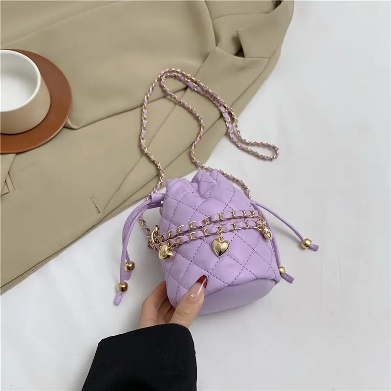 Purple Quilted Drawstring Shoulder Bag for Women