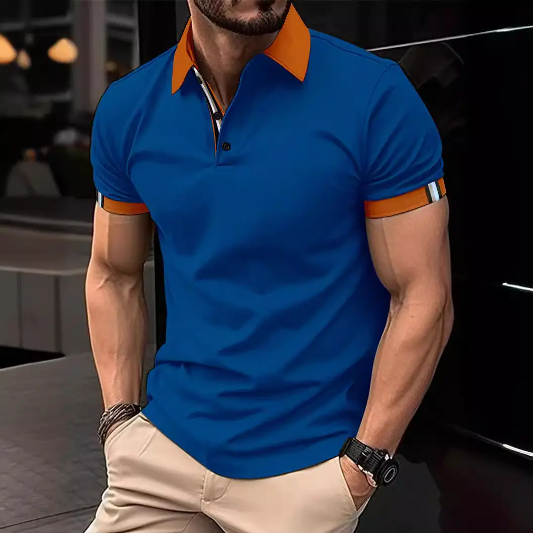 Men Blue Polo Shirt Short Sleeve Lapel Casual Fit - Image 10