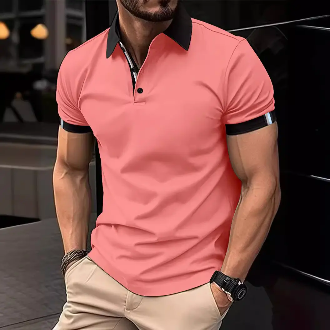 Men Blue Polo Shirt Short Sleeve Lapel Casual Fit - Image 11