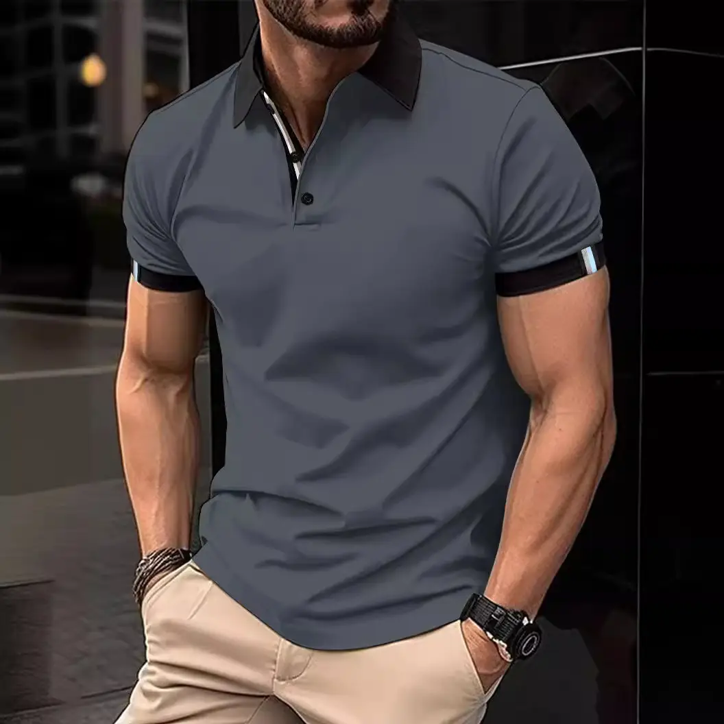 Men Blue Polo Shirt Short Sleeve Lapel Casual Fit - Image 12