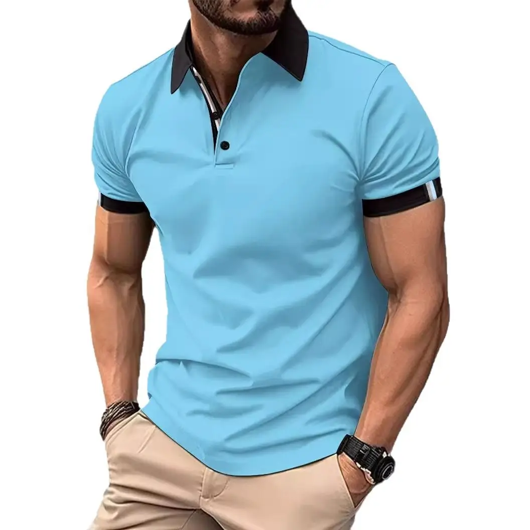 Men Blue Polo Shirt Short Sleeve Lapel Casual Fit - Image 13