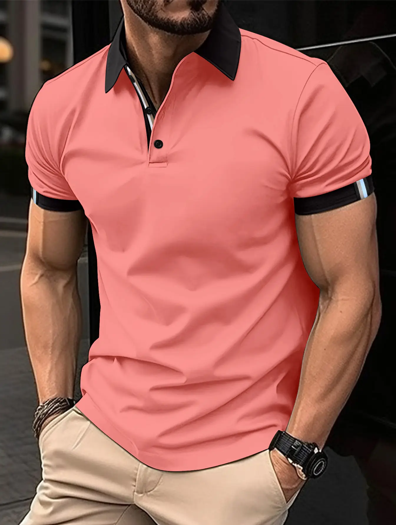 Men Blue Polo Shirt Short Sleeve Lapel Casual Fit — feature 4
