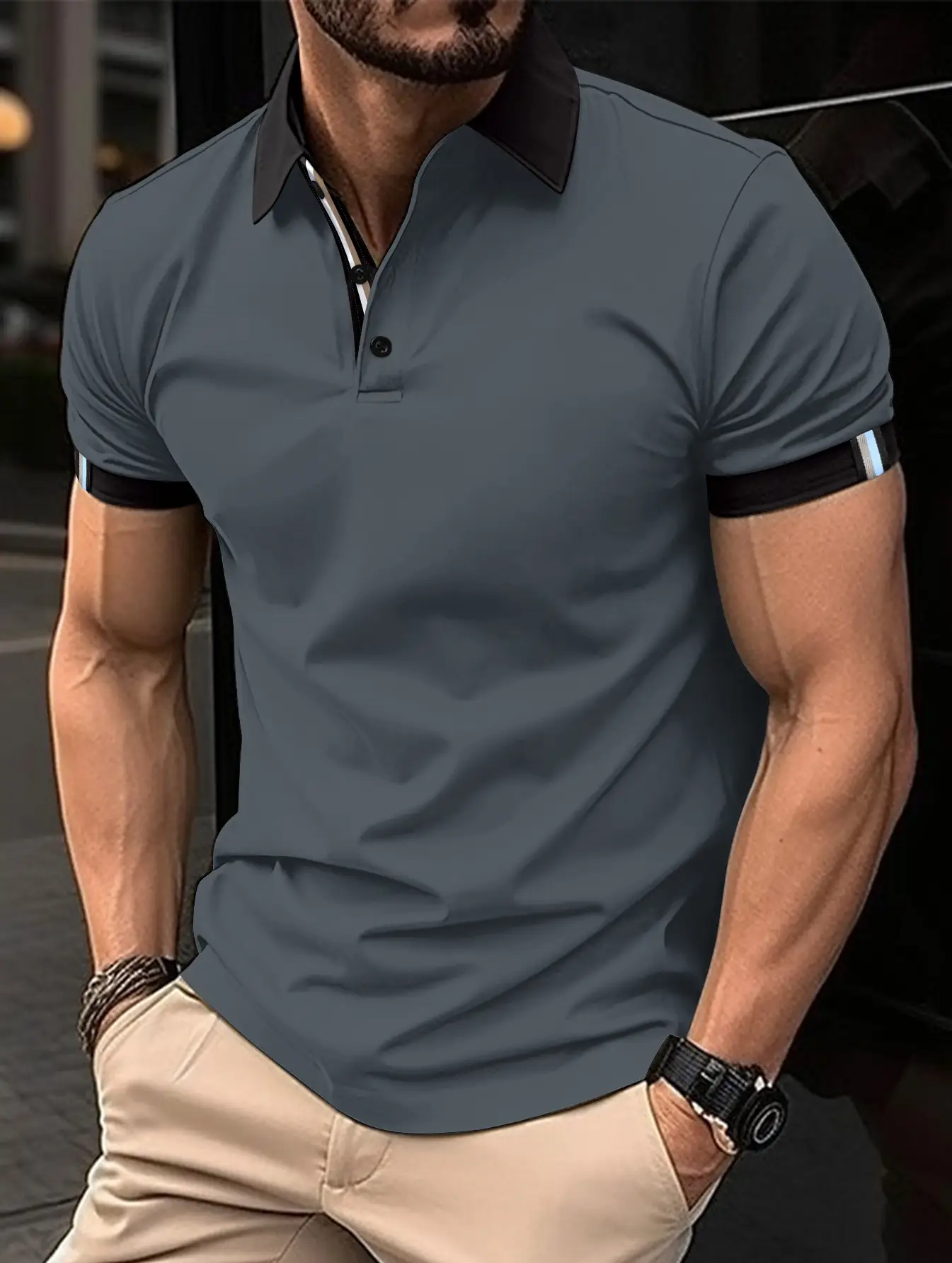 Men Blue Polo Shirt Short Sleeve Lapel Casual Fit — feature 6