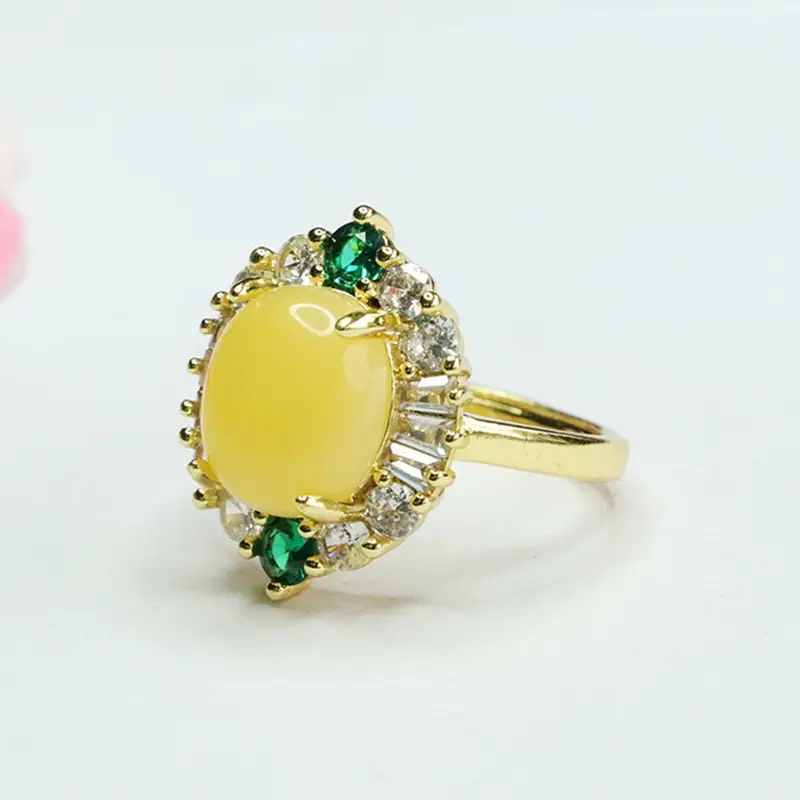 Guan Yu Yellow Amber Ring with Green & Diamond Set - Image 3