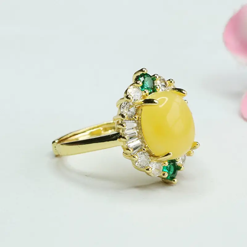 Guan Yu Yellow Amber Ring with Green & Diamond Set - Image 4