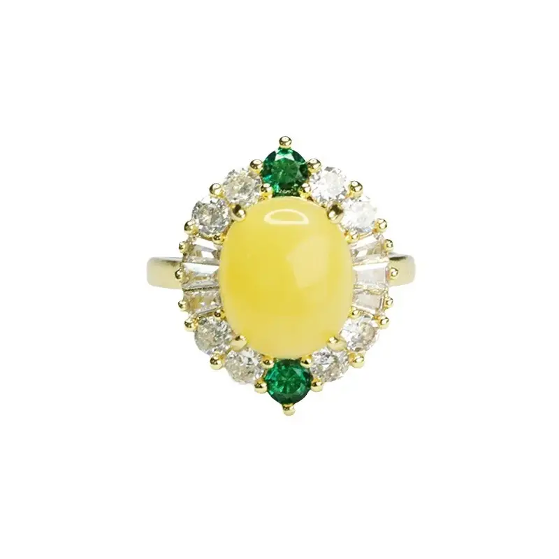 Guan Yu Yellow Amber Ring with Green & Diamond Set - Image 6