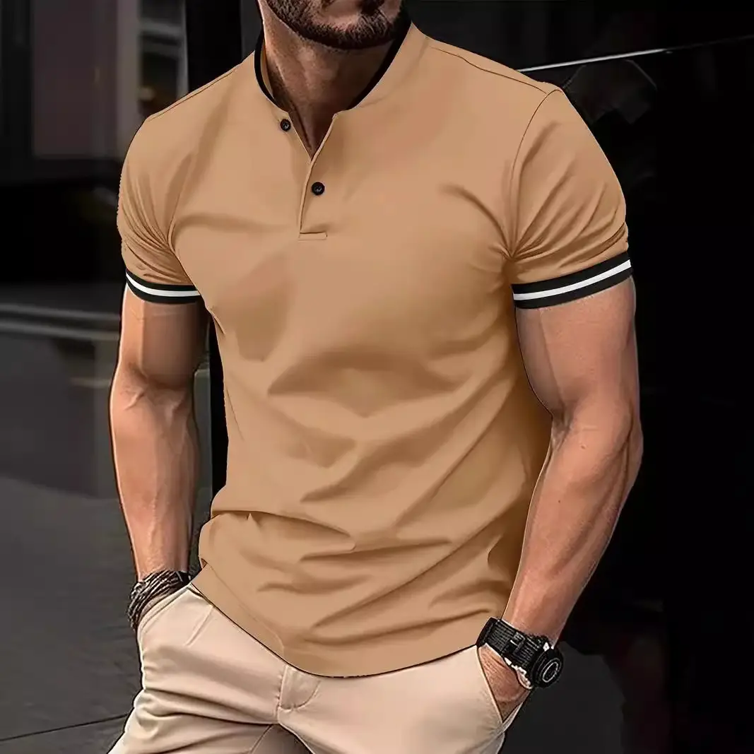 Men's Tan Button Polo Shirt with Black Trim