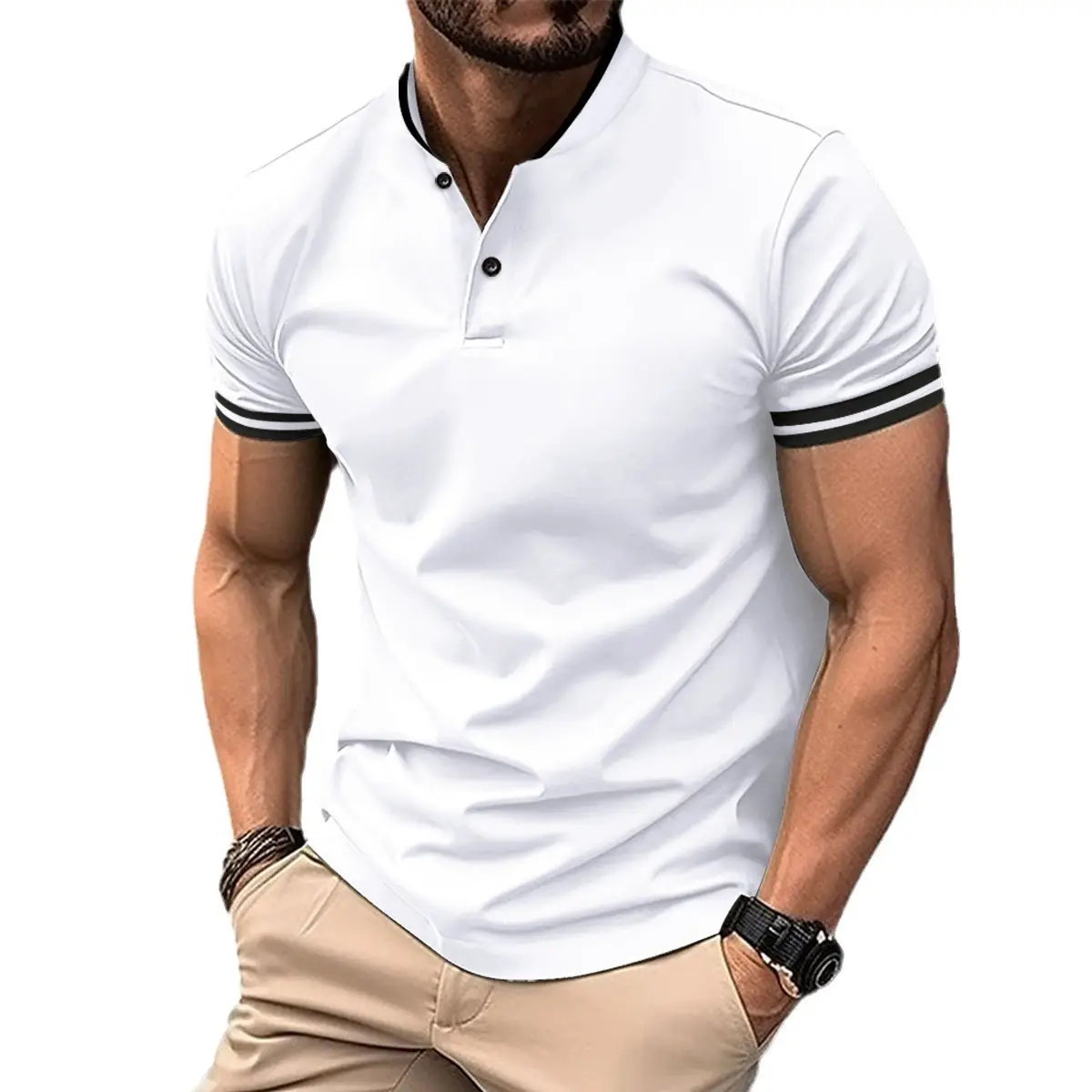 Men's Tan Button Polo Shirt with Black Trim