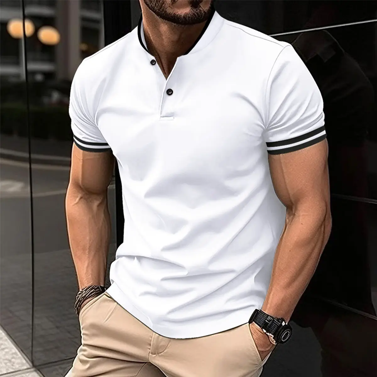 Men's Tan Button Polo Shirt with Black Trim — feature 2
