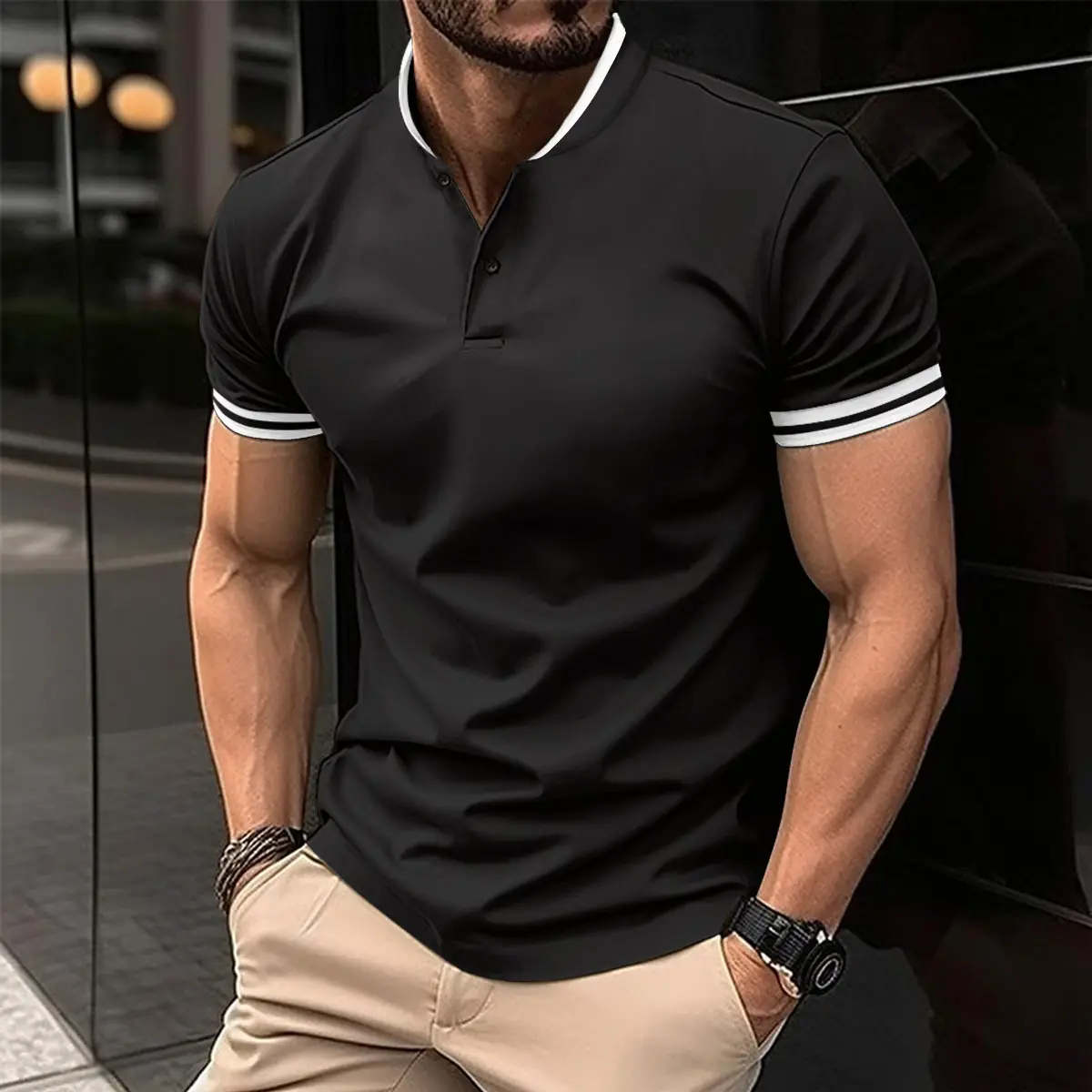 Men's Tan Button Polo Shirt with Black Trim — feature 3