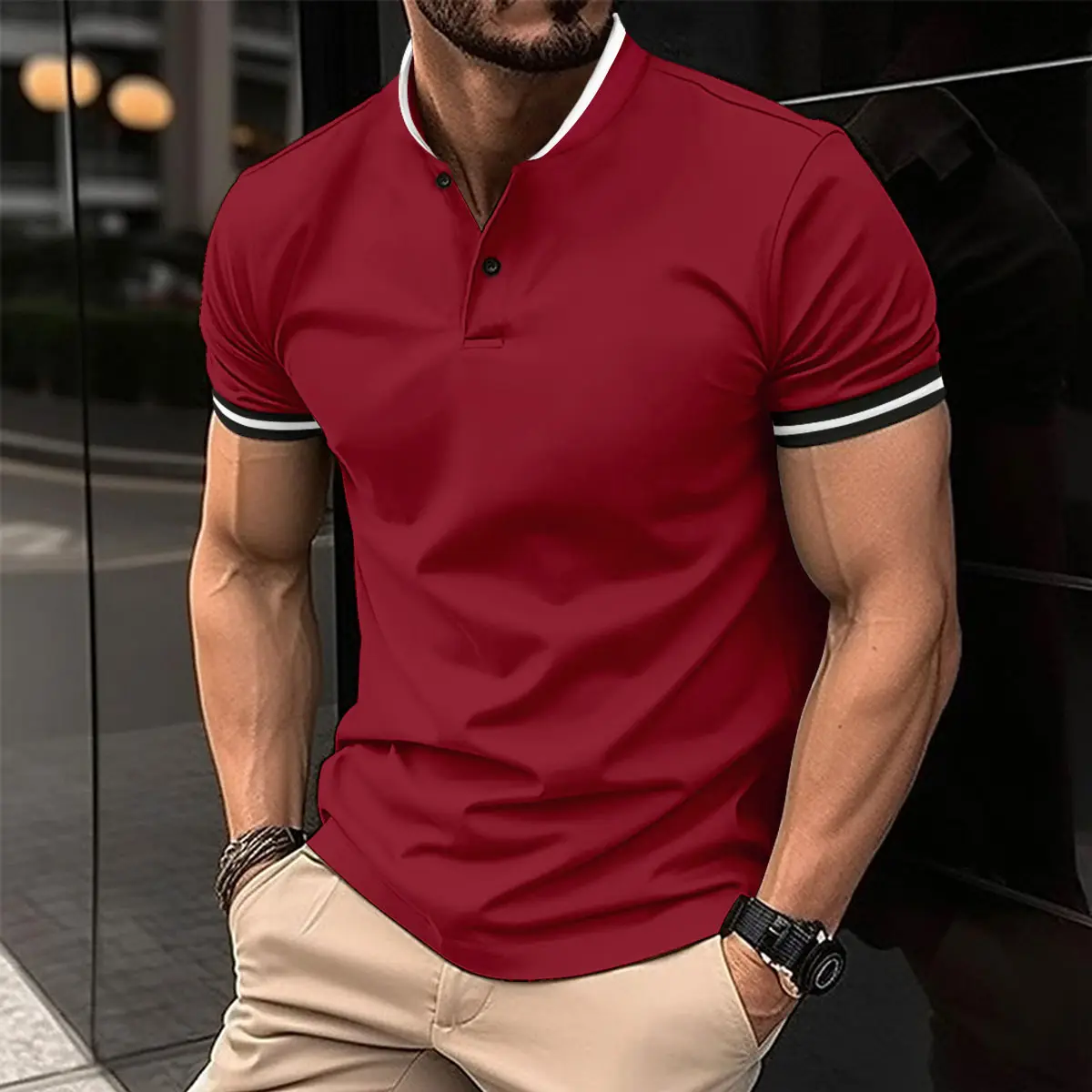 Men's Tan Button Polo Shirt with Black Trim — feature 4