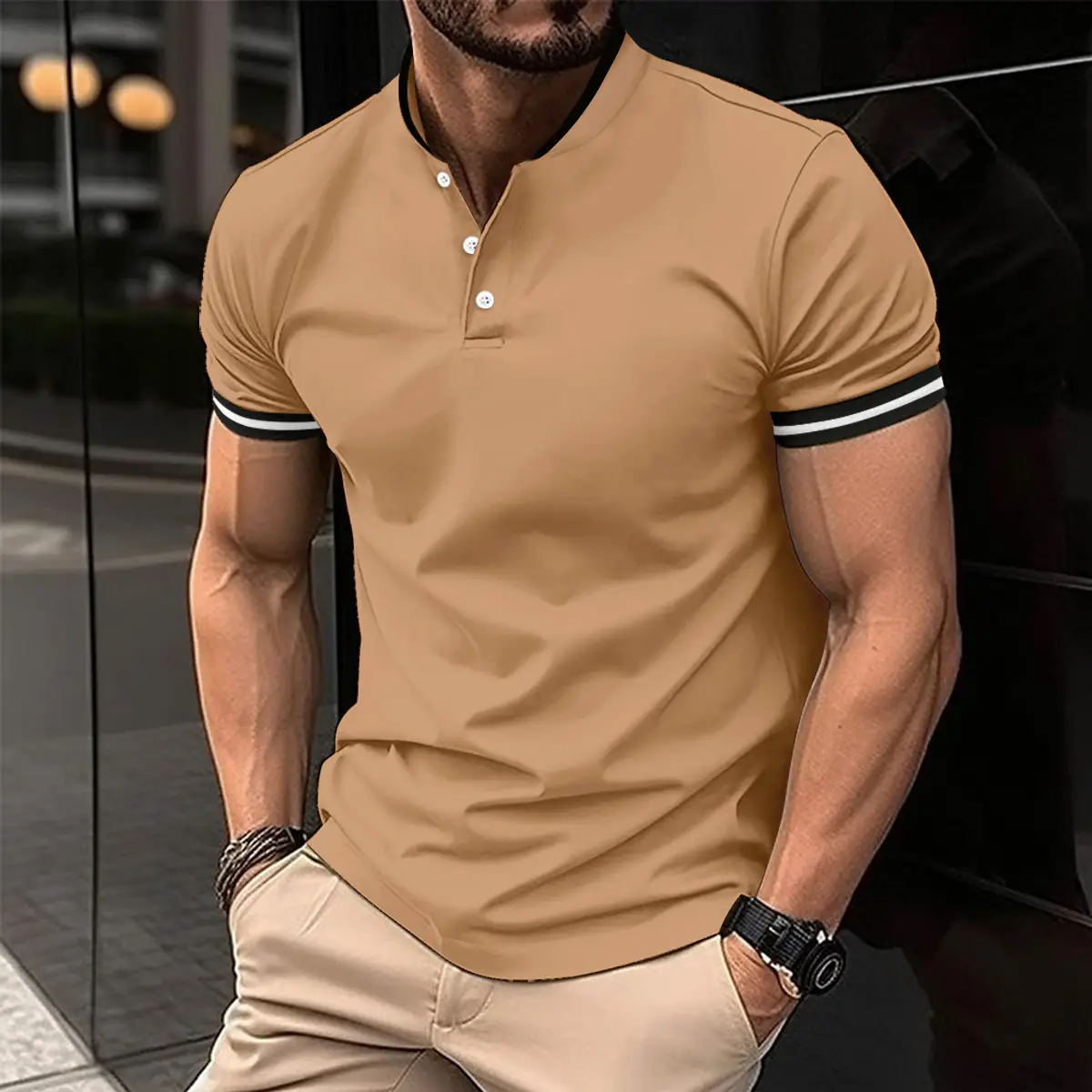 Men's Tan Button Polo Shirt with Black Trim — feature 5