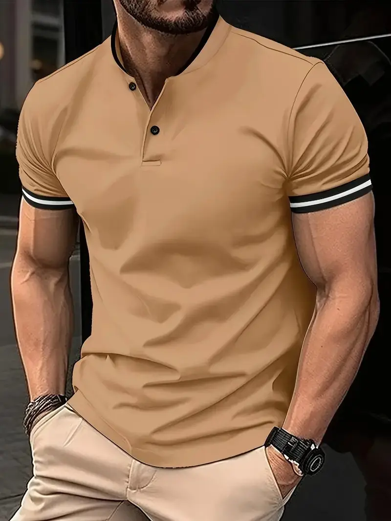 Men's Tan Button Polo Shirt with Black Trim