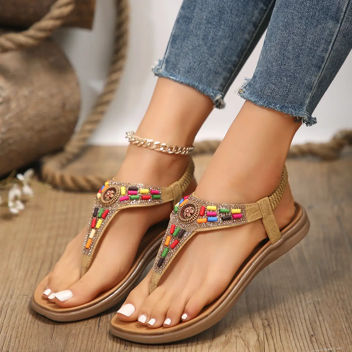 Beaded Ethnic Sandals for Women Summer 2024