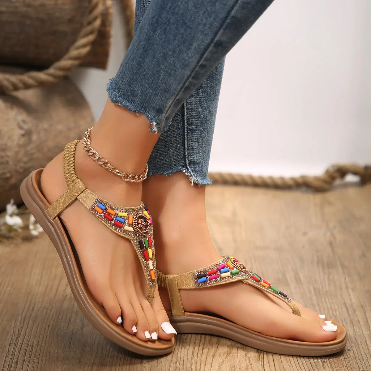 Beaded Ethnic Sandals for Women Summer 2024