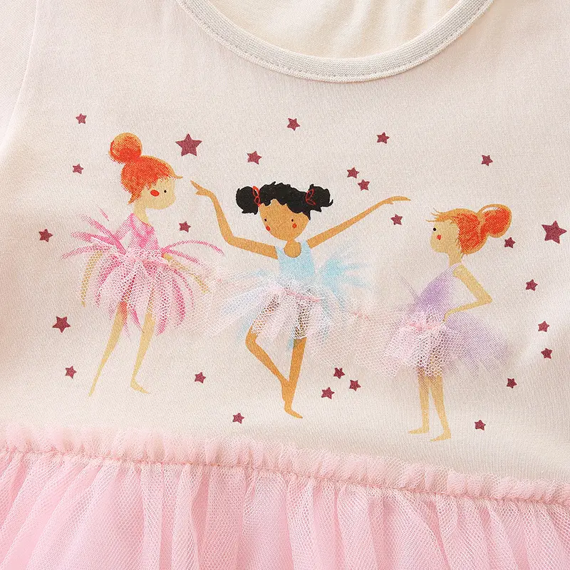 Girls Cartoon Printed Mesh Dress White Pink Princess - Image 4