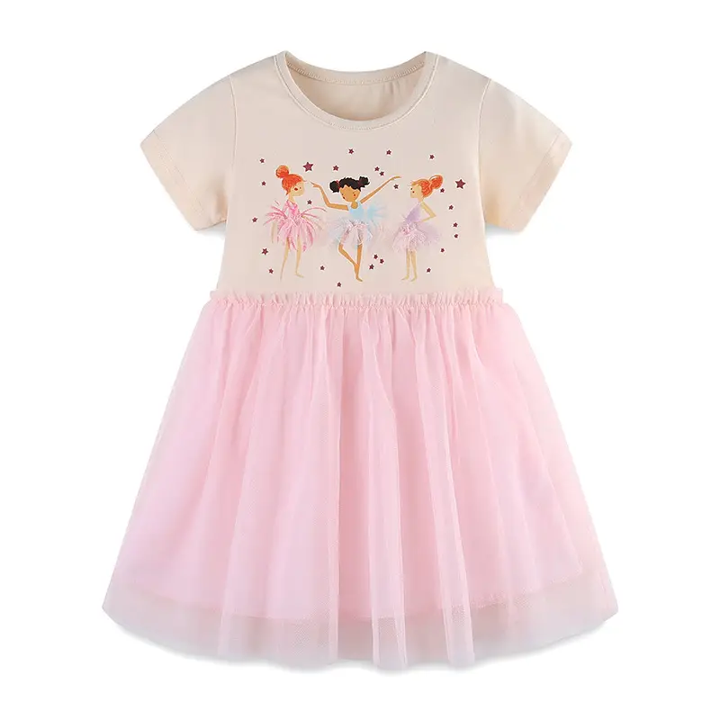 Girls Cartoon Printed Mesh Dress White Pink Princess - Image 6