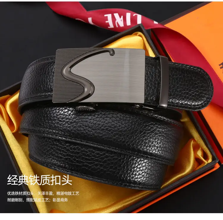 Men's Black Leather Belt with 3D Laser Automatic Buckle — feature 2