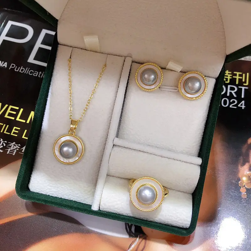 Pearl Stud Earrings & Necklace Set Gold Plated
