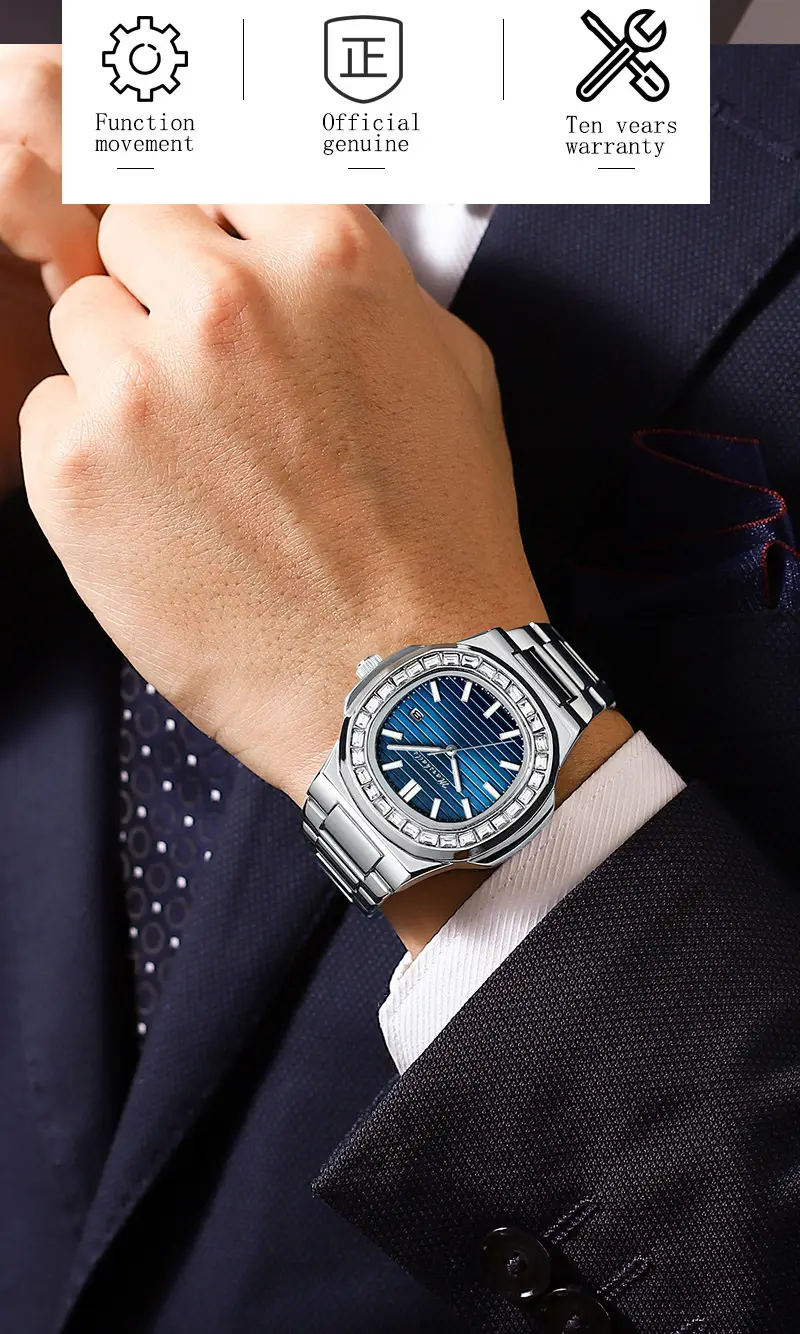 Men's Blue Analog Square Watch with Leather Strap — feature 16