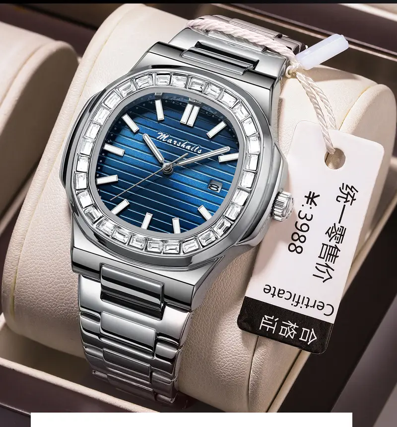 Men's Blue Analog Square Watch with Leather Strap — feature 2