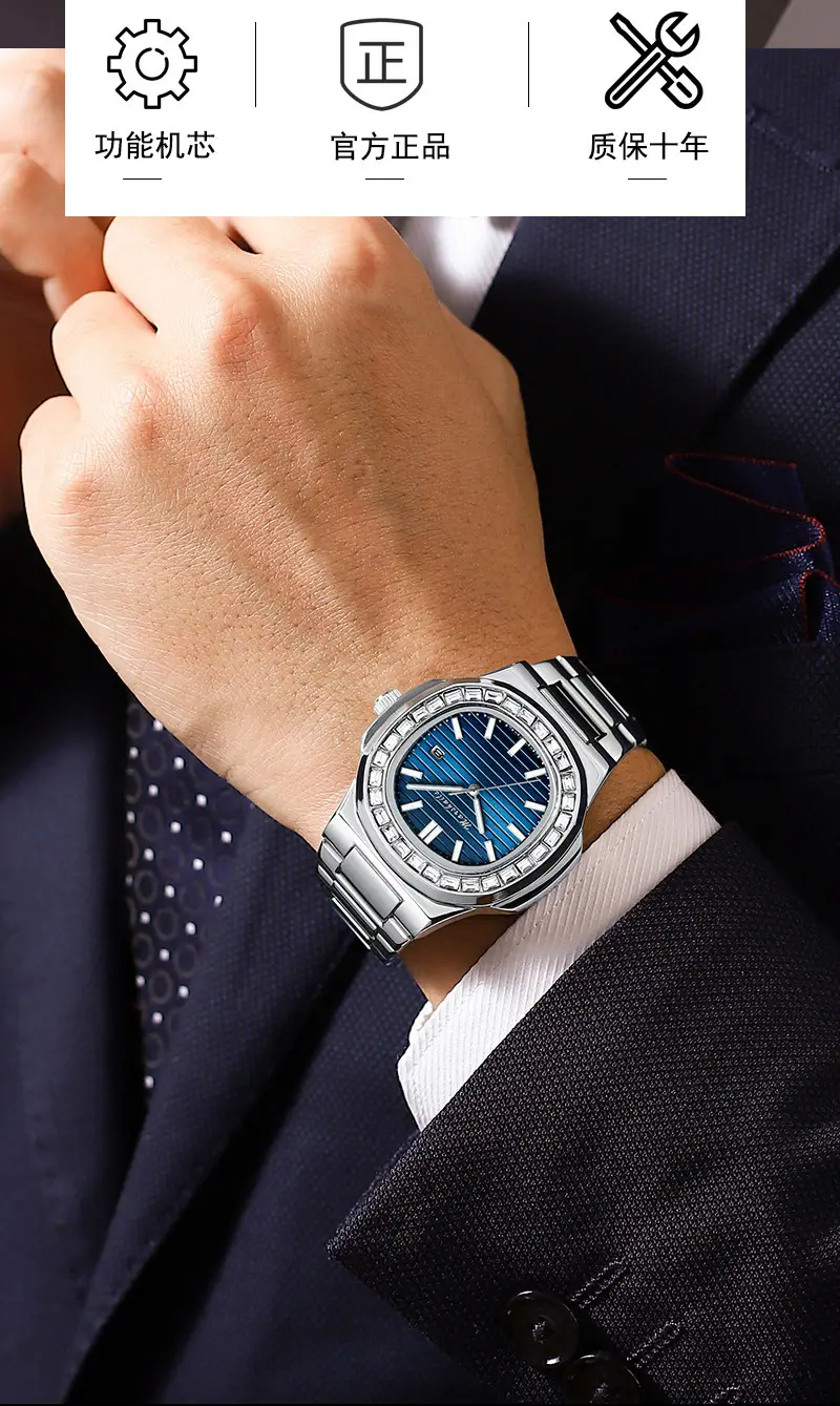 Men's Blue Analog Square Watch with Leather Strap — feature 3