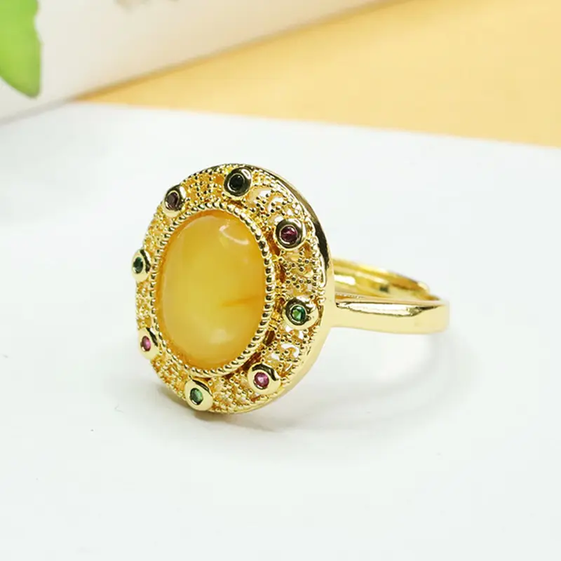 Aiyu Natural Amber Ring for Women Gold Plated - Image 2