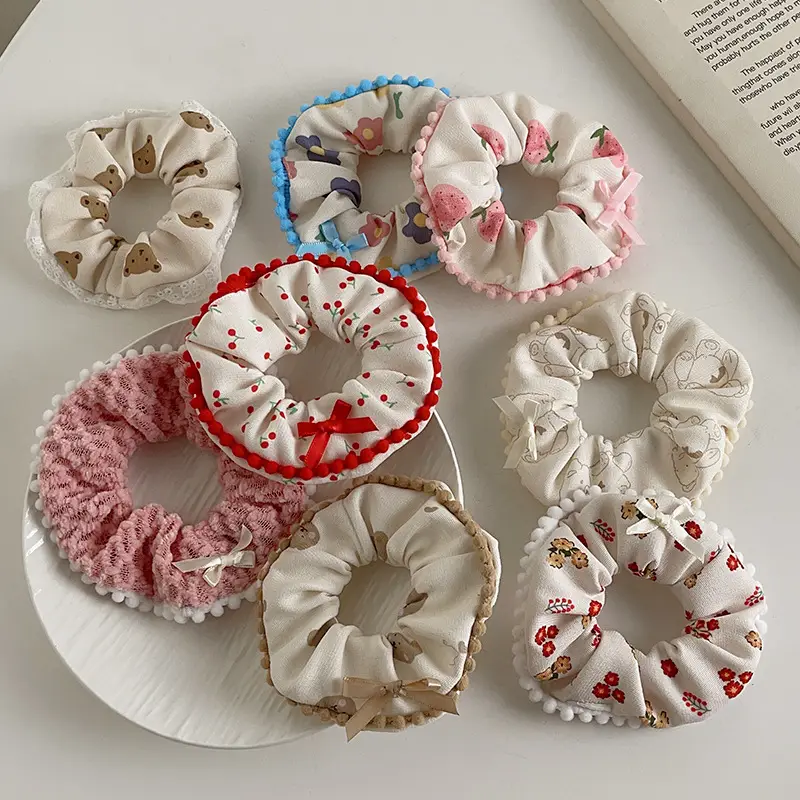 New Autumn Plush Lace Scrunchie Bear Bow Hair Tie for Women - Image 6